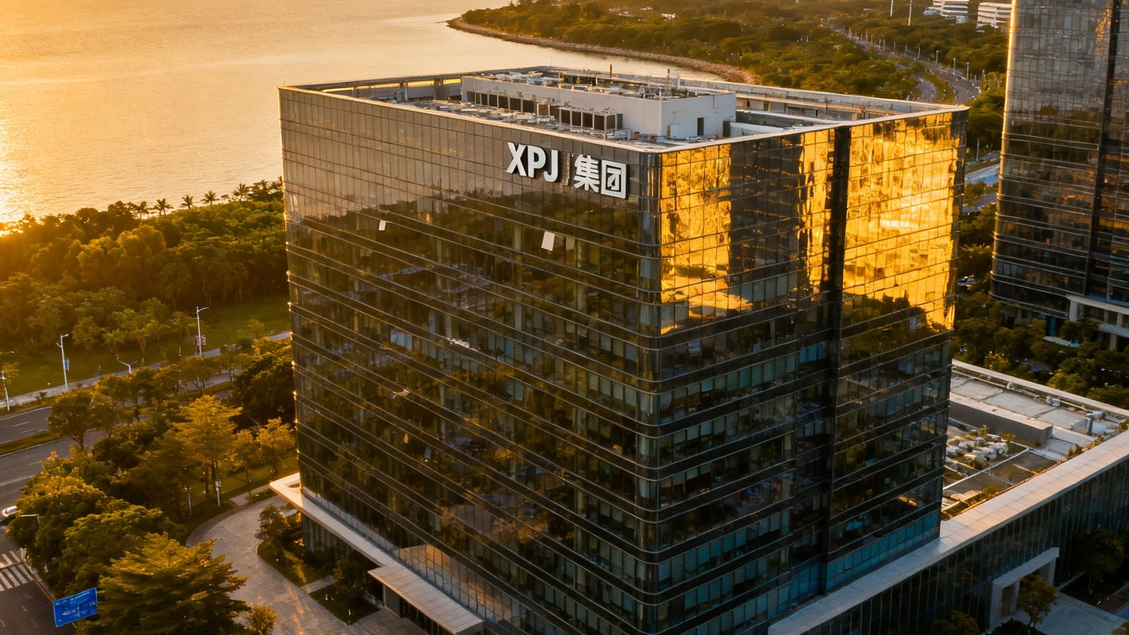 一幅展示深圳南山区科技园XPJ集团总部大楼外景的广角照片，玻璃幕墙在傍晚金色阳光下熠熠生辉，楼体现代简约，周围绿树成荫，远处可见深圳湾海岸线与城市天际线交融的壮丽景色。
